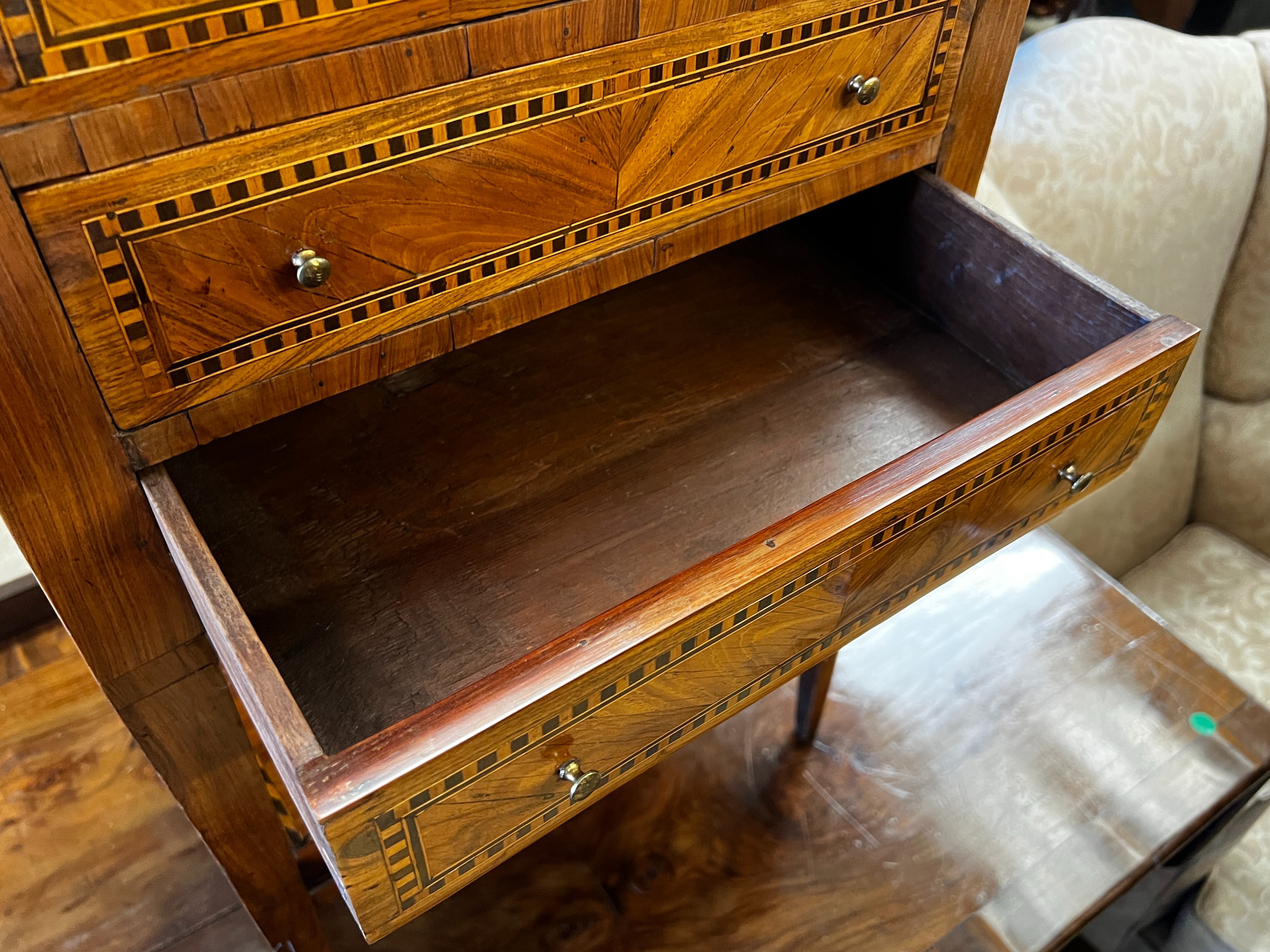 A 19th century French parquetry inlaid kingwood marble top bedside chest, width 43cm, depth 32cm, height 73cm